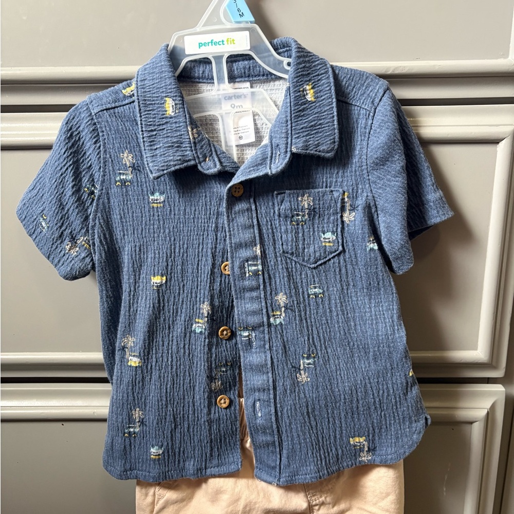 Carter's Blue Button Down Shirt with Embroidered Accents